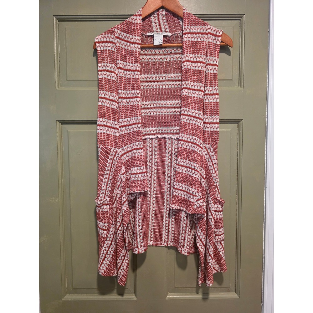 American Rag Cie XS Red Cream Geometric Open Front Draped Cardigan Boho Festival